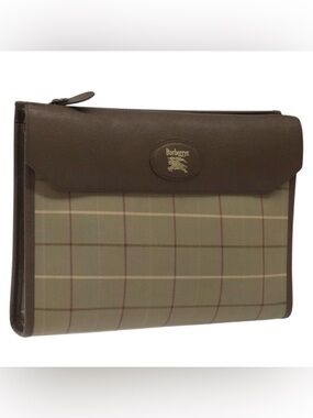 Vintage Burberrys Nova Check Document Pouch Clutch Brown Leather Trim